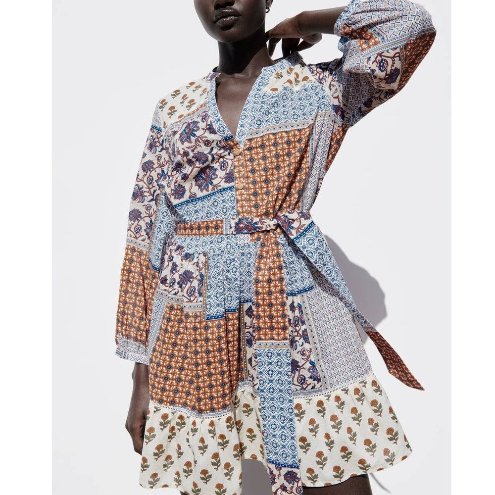 Zara Belted Patchwork Cottagecore Printed Shirt Dress in Multicolor